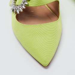 Pre Owned Aquazzura Green Canvas Crystal Embellished Pointed Toe Flat Mules Size 37.5