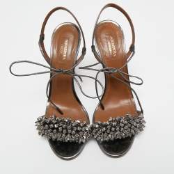 Pre Owned Aquazzura Metallic Grey Leather Monaco Ankle Tie Sandals Size 38.5
