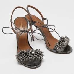 Pre Owned Aquazzura Metallic Grey Leather Monaco Ankle Tie Sandals Size 38.5