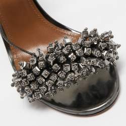 Pre Owned Aquazzura Metallic Grey Leather Monaco Ankle Tie Sandals Size 38.5