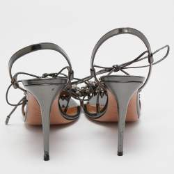 Pre Owned Aquazzura Metallic Grey Leather Monaco Ankle Tie Sandals Size 38.5