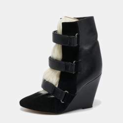 Pre Owned Aquazzura Black Leather and Suede Wedge Ankle Boots Size 40