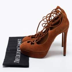 Pre Owned Aquazzura Tan Suede Dancer Plateau Ankle Tie Pumps Size 35