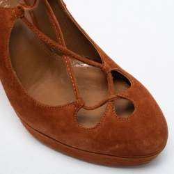 Pre Owned Aquazzura Tan Suede Dancer Plateau Ankle Tie Pumps Size 35