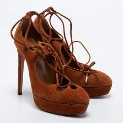 Pre Owned Aquazzura Tan Suede Dancer Plateau Ankle Tie Pumps Size 35