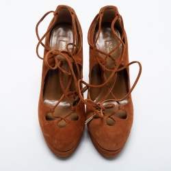 Pre Owned Aquazzura Tan Suede Dancer Plateau Ankle Tie Pumps Size 35