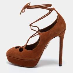 Pre Owned Aquazzura Tan Suede Dancer Plateau Ankle Tie Pumps Size 35