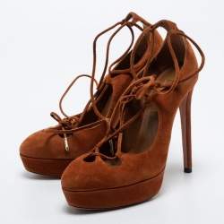 Pre Owned Aquazzura Tan Suede Dancer Plateau Ankle Tie Pumps Size 35