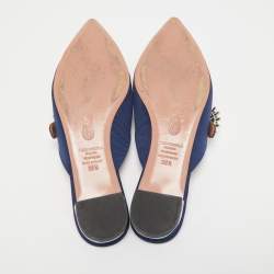مملوكة مسبقًا Aquazzura Navy Blue Canvas Crystal Embellished Blossom Flat Mules Size 39.5