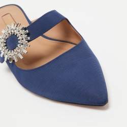 مملوكة مسبقًا Aquazzura Navy Blue Canvas Crystal Embellished Blossom Flat Mules Size 39.5