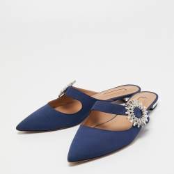 مملوكة مسبقًا Aquazzura Navy Blue Canvas Crystal Embellished Blossom Flat Mules Size 39.5