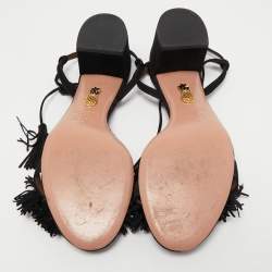 Pre Owned Aquazzura Black Suede Wild Thing Fringe Ankle Wrap Sandals Size 40