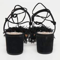 Pre Owned Aquazzura Black Suede Wild Thing Fringe Ankle Wrap Sandals Size 40