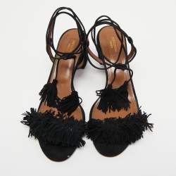 Pre Owned Aquazzura Black Suede Wild Thing Fringe Ankle Wrap Sandals Size 40