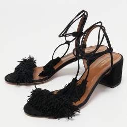 Pre Owned Aquazzura Black Suede Wild Thing Fringe Ankle Wrap Sandals Size 40