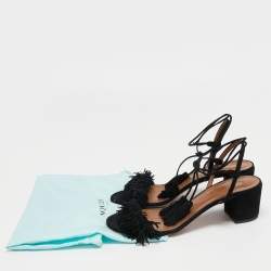 Pre Owned Aquazzura Black Suede Wild Thing Fringe Ankle Wrap Sandals Size 40