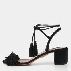 Pre Owned Aquazzura Black Suede Wild Thing Fringe Ankle Wrap Sandals Size 40