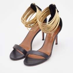 Pre Owned Aquazzura Black Leather Spin Me Around Ankle Cuff Sandals Size 36.5