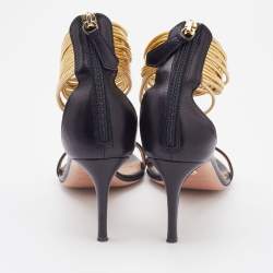 Pre Owned Aquazzura Black Leather Spin Me Around Ankle Cuff Sandals Size 36.5