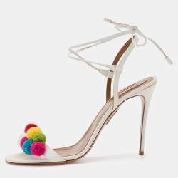 Pre Owned Aquazzura White Raffia and Leather Disco Thing Ankle Wrap Sandals Size 42