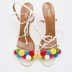 Pre Owned Aquazzura White Raffia and Leather Disco Thing Ankle Wrap Sandals Size 42