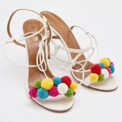 Pre Owned Aquazzura White Raffia and Leather Disco Thing Ankle Wrap Sandals Size 42