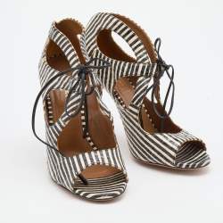 Pre Owned Aquazzura Black/White Snakeskin Leather C'est Chic Ankle Strappy Sandals Size 39