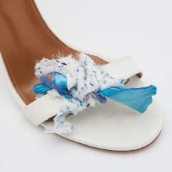 Pre Owned Aquazzura White/Blue Raffia and Floral Applique Fabric Ankle Strap Sandals Size 38.5