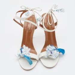 Pre Owned Aquazzura White/Blue Raffia and Floral Applique Fabric Ankle Strap Sandals Size 38.5