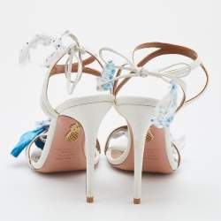 Pre Owned Aquazzura White/Blue Raffia and Floral Applique Fabric Ankle Strap Sandals Size 38.5