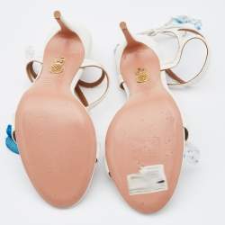 Pre Owned Aquazzura White/Blue Raffia and Floral Applique Fabric Ankle Strap Sandals Size 38.5