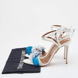 Pre Owned Aquazzura White/Blue Raffia and Floral Applique Fabric Ankle Strap Sandals Size 38.5