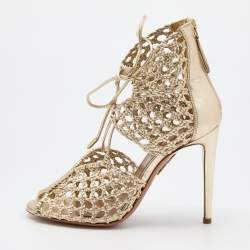 Pre Owned Aquazzura Gold Woven Leather Ankle Tie Up Sandals Size 37