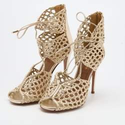 Pre Owned Aquazzura Gold Woven Leather Ankle Tie Up Sandals Size 37