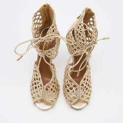 Pre Owned Aquazzura Gold Woven Leather Ankle Tie Up Sandals Size 37