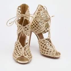 Pre Owned Aquazzura Gold Woven Leather Ankle Tie Up Sandals Size 37