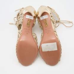 Pre Owned Aquazzura Gold Woven Leather Ankle Tie Up Sandals Size 37