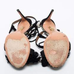 Pre Owned Aquazzura Black/White Leather and Suede Bead Pom Pom Evening Heels Sandals Size 36