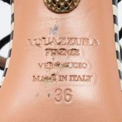 Pre Owned Aquazzura Black/White Leather and Suede Bead Pom Pom Evening Heels Sandals Size 36