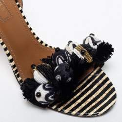 Pre Owned Aquazzura Black/White Leather and Suede Bead Pom Pom Evening Heels Sandals Size 36