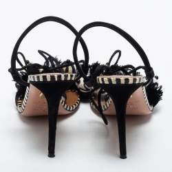 Pre Owned Aquazzura Black/White Leather and Suede Bead Pom Pom Evening Heels Sandals Size 36
