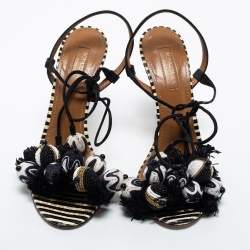 Pre Owned Aquazzura Black/White Leather and Suede Bead Pom Pom Evening Heels Sandals Size 36