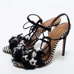 Pre Owned Aquazzura Black/White Leather and Suede Bead Pom Pom Evening Heels Sandals Size 36