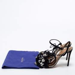 Pre Owned Aquazzura Black/White Leather and Suede Bead Pom Pom Evening Heels Sandals Size 36