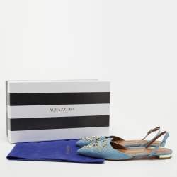 Pre Owned Aquazzura Blue Denim Star Studded Pointed Toe Slingback Sandals Size 37.5