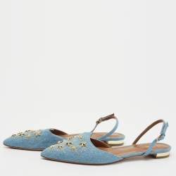 Pre Owned Aquazzura Blue Denim Star Studded Pointed Toe Slingback Sandals Size 37.5