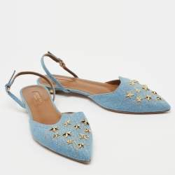 Pre Owned Aquazzura Blue Denim Star Studded Pointed Toe Slingback Sandals Size 37.5