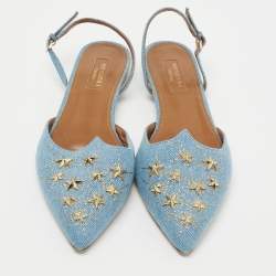 Pre Owned Aquazzura Blue Denim Star Studded Pointed Toe Slingback Sandals Size 37.5