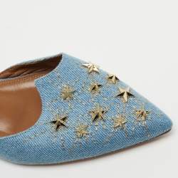 Pre Owned Aquazzura Blue Denim Star Studded Pointed Toe Slingback Sandals Size 37.5