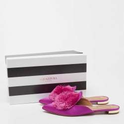 مملوكة مسبقًا Aquazzura Pink Satin Powder Puff Pom Pom Mules Size 38.5